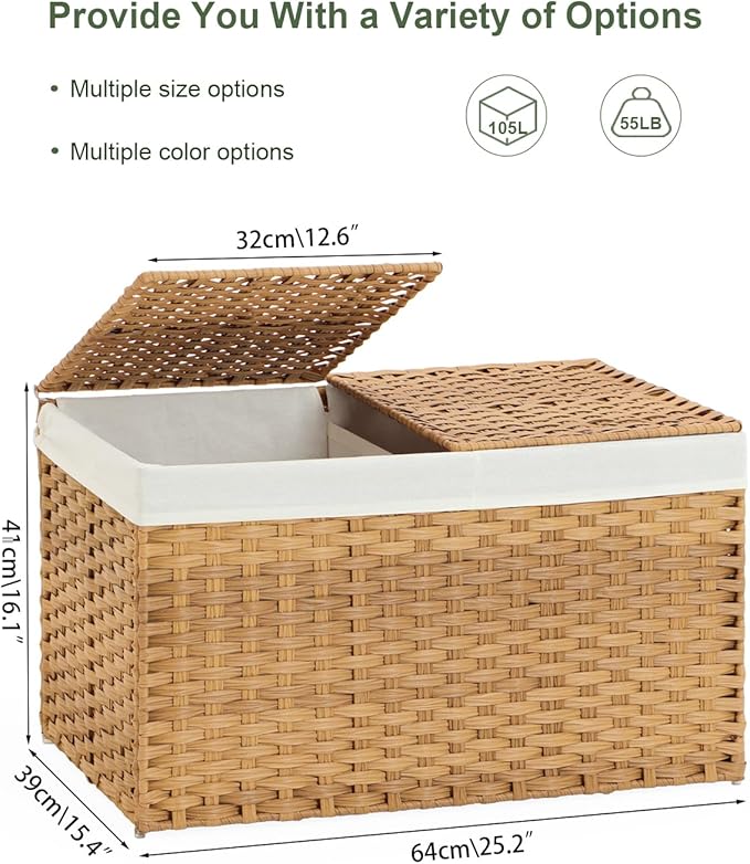 Storage Basket with Lid Rattan Storage Basket with 2 Separate Lid, 27.8 Gallon (105 L) 25.2 * 15.4 * 16.1 Inches Woven Wicker Baskets with 2 Liners and Handles for Bedroom Laundry-Natural