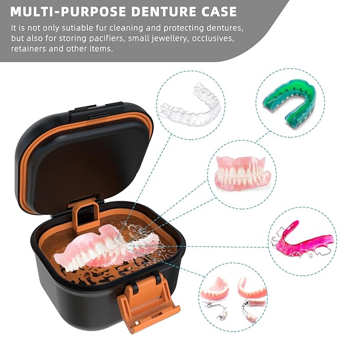 ARGOMAX Leak Proof Denture Bath Cup, Portable Soaking Denture Box, Denture Bath Case with Strainer, for Dentures and Braces, Upgraded Version with Storage Compartment (Black + Orange).