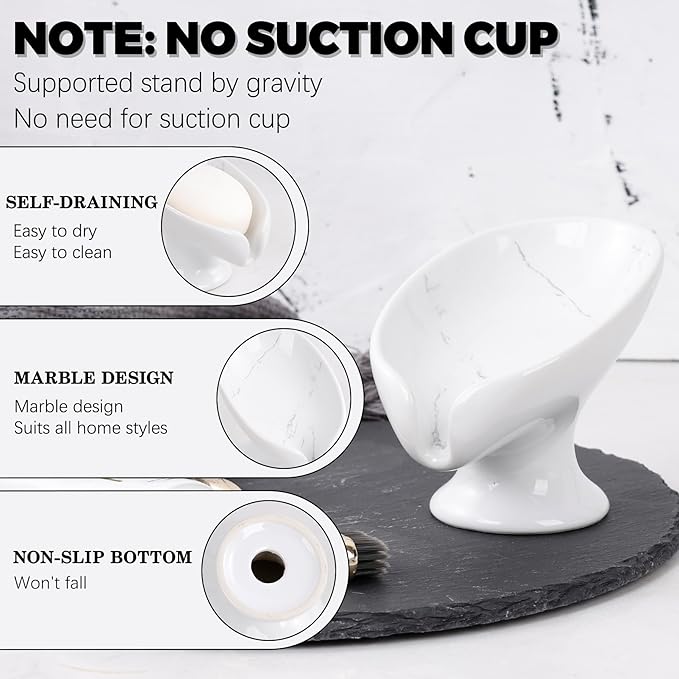 Soap Dish, Self Draining Bar Soap Holder for Bathroom Sink, Leaf Shaped Drainage Ceramic Marble Porcelain Decorative Soap Dish, No Suction Cup, ANTIS'S HOME