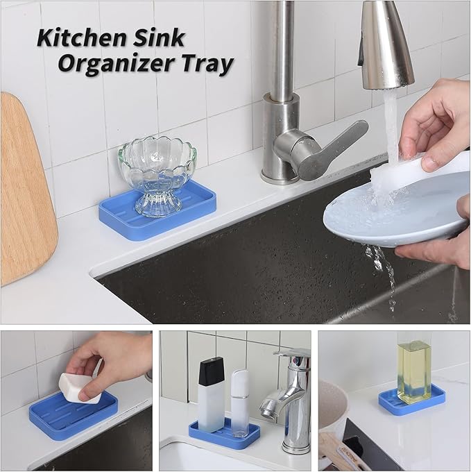 Silicone Kitchen Sink Organizer Tray for Multiple Usage,Easy Clean Sponges Holder for Kitchen Bathroom Counter or Sink,Dish Soap Dispenser,Scrubber,Bottle,Cup Lichen Blue 4.9”x 3.2”