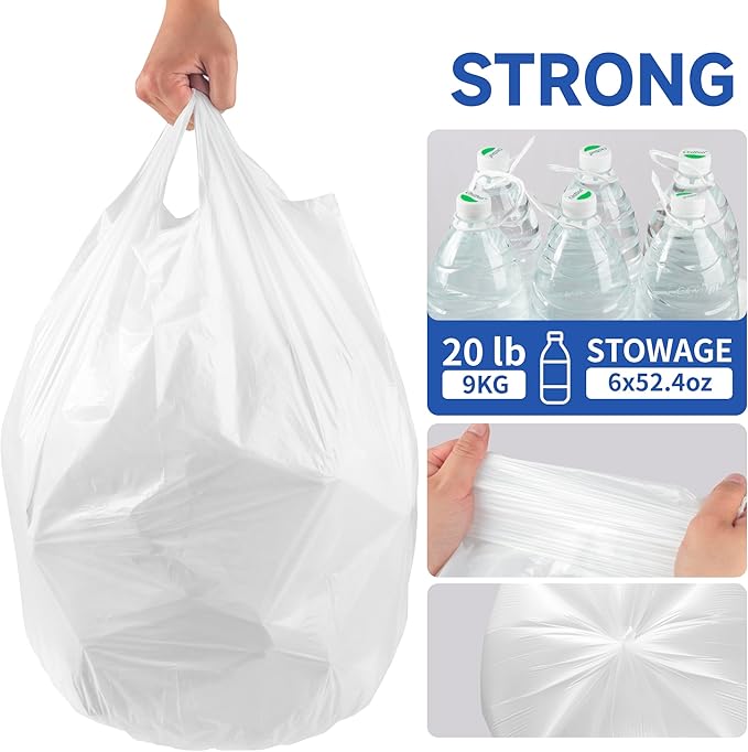Small Trash Bags with Handles 6 Gallon 200 Count White - Ocean Plastic Upcycling - Plastic Garbage Bags, Can Bin & Waste Basket Liner for Kitchen, Bathroom, Office and Pets