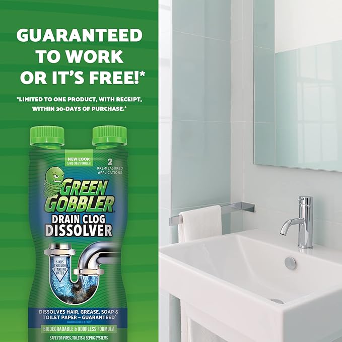 Green Gobbler Liquid Hair Drain Clog Remover, For Toilets, Sinks, Tubs - Septic Safe, 2 Pack + 5 Hair Snake Tools