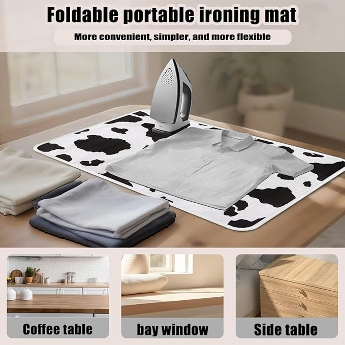 Cow Print Ironing Mat Portable Ironing Pad,Black and White 32 x 16 Inch Large Ironing Mat for Table Top of Washer, Dryer, Table Top, Countertop, Heat Resistant Iron Board Pads
