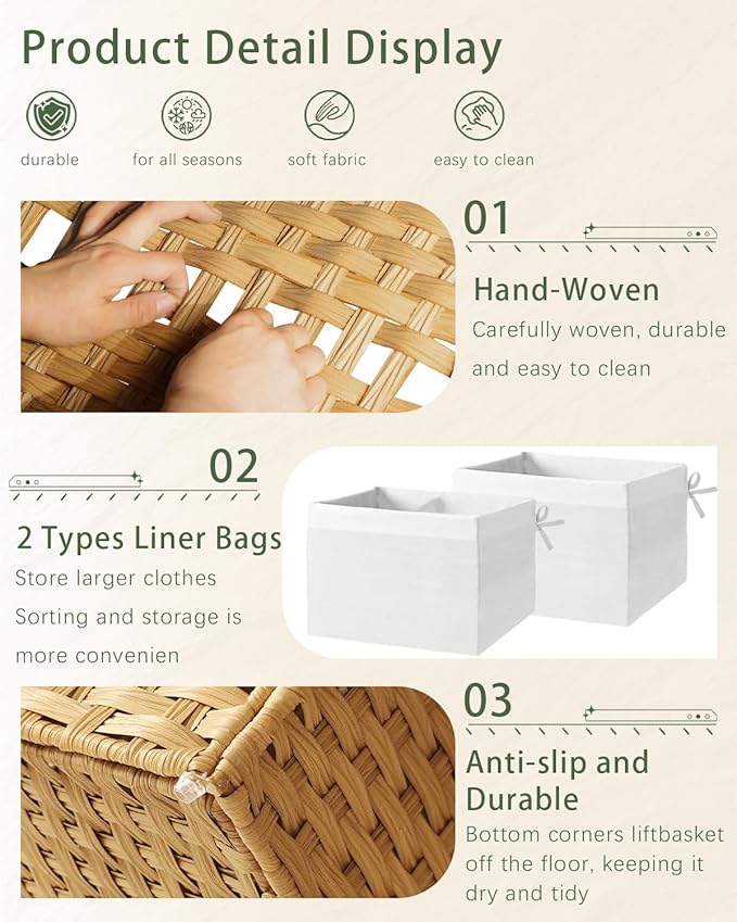 Storage Basket with Lid Wicker Baskets for Storage with 2 Separate Lid 42.3 Gallon (160 L) 29.9 x 17.3 x 18.1 Inches Rattan Woven Large Wicker Basket with 2 Liners for Bedroom Laundry Natural