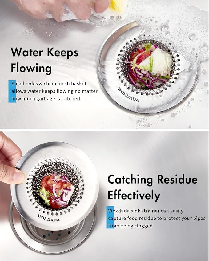 Sink Drain Strainer&Stopper, Anti-Slip Flexible Mesh Sink Strainer with 304 Stainless Steel, Clog-Free Kitchen Sink Strainer, Easy-Clean Sink Catcher Strainer& Silicone Stopper