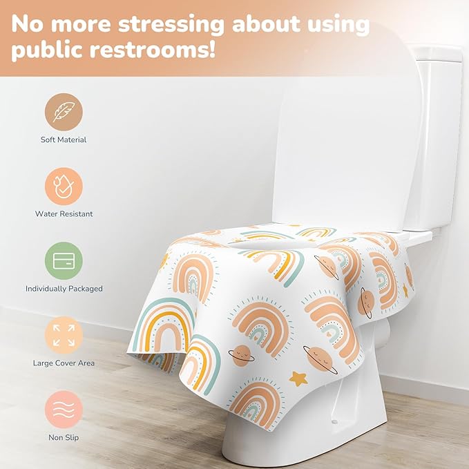 30 Pack Toilet Seat Covers Disposable, Individually Wrapped for Travel, Large Waterproof Potty Covers for Kids and Adults,Toddler Potty Training for Public Restroom, Airplane, Trip - Rainbow