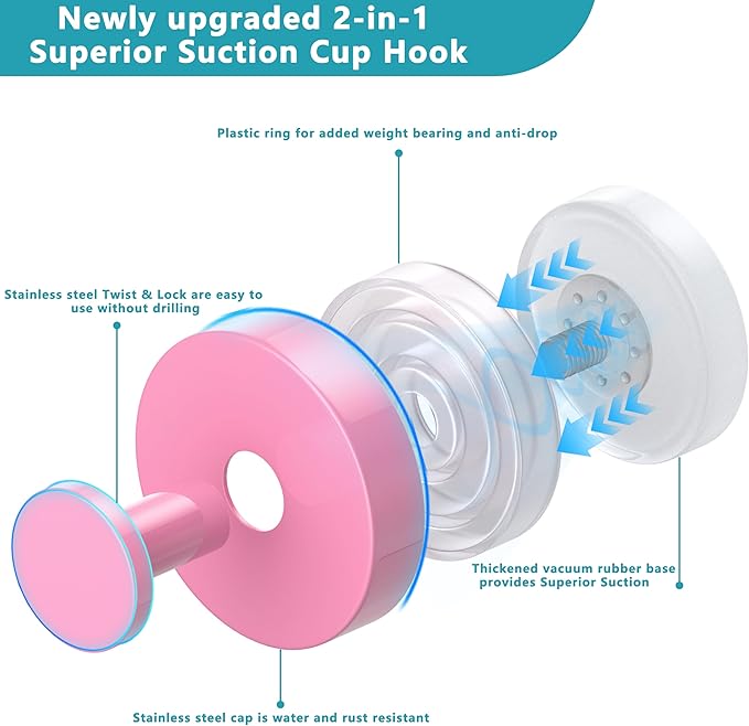 Suction Cup Hooks for Shower,Removable No Drill Towel Hooks,Upgraded 15 lbs Strong Suction hooks for Bathroom Tile,Shower Wall,Glass Door,Kitchen-Loofah,Coat,Stainless Waterproof-Pink 4 Pcs