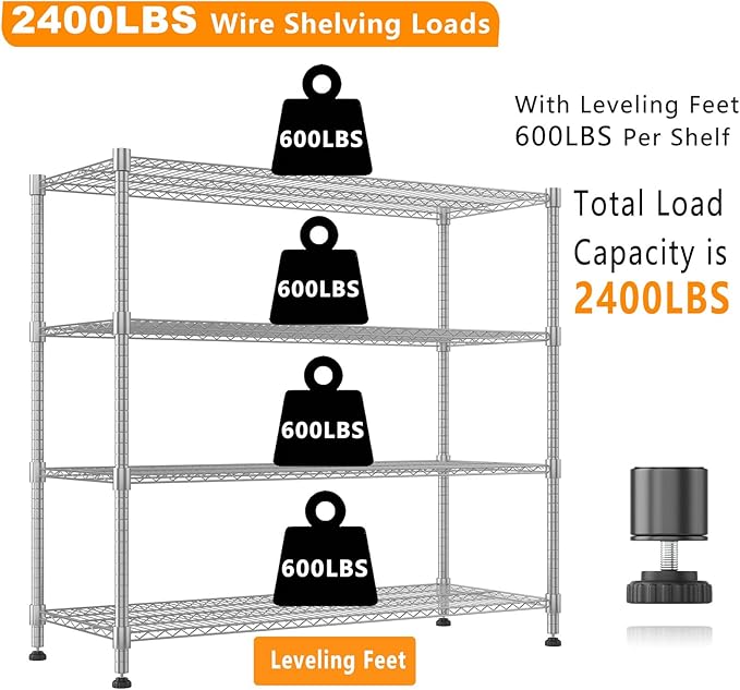 Himimi 72" H Storage Shelves 4 Tier Metal Shelving Adjustable Wire Shelf with Wheels, Heavy Duty Shelving for Garage Kitchen Pantry Bathroom Laundry,18" D*48" W*72" H, Silver