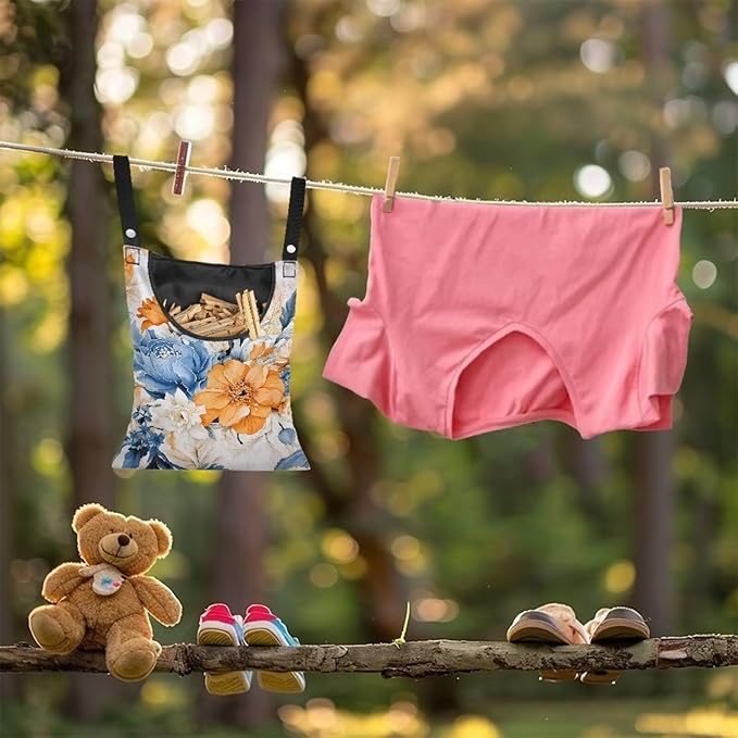 Art Flowers Clothespin Bag with Hanging Hook Summer Laundry Clothes Pin Holders Waterproof Clothes Pin Hanging Bag Clothespin Storage Organizer with Large Opening