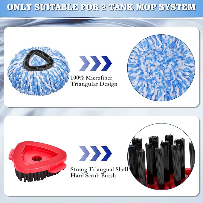 4 Pack Spin Mop Replacements Heads Compatible for Oceda RinseClean 2-Tank System,Microfiber Spin Mop Refills Head,1 Gray Mop Scrub Brush + 1 Mop Base + 4 Pack Easy Cleaning Mop Head Replacement