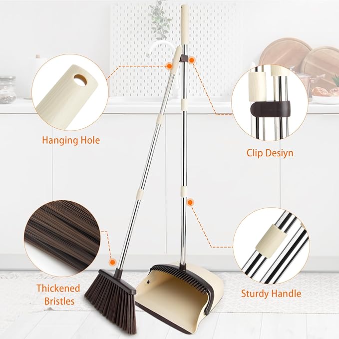 Broom and Dustpan Set, Dustpan Combo with 51" Stainless Steel Long Handle Brooms with 5-Layer Soft Bristles for Home Office Kitchen Bathroom(Beige)