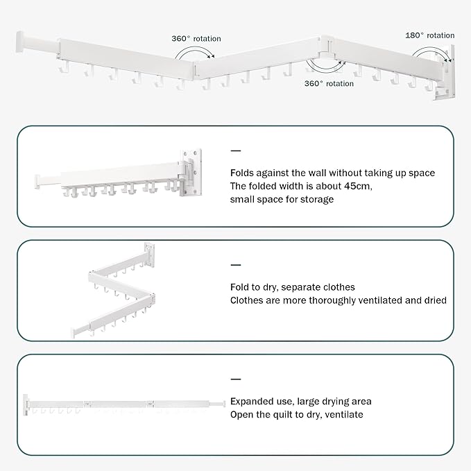 Wall Mounted Clothes Drying Rack, Collapsible, Folding, Retractable - Clothes Hanging Rack (Hooks, White)