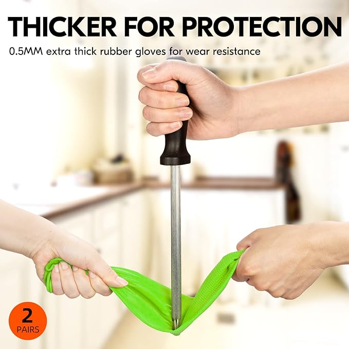 Vgo 2-Pairs Dishwashing Gloves, Reusable Household Gloves, Long Sleeve, Thick Latex, Cleaning, Washing, Working, Painting, Gardening, Pet Care (Size M, Green, RB2143)