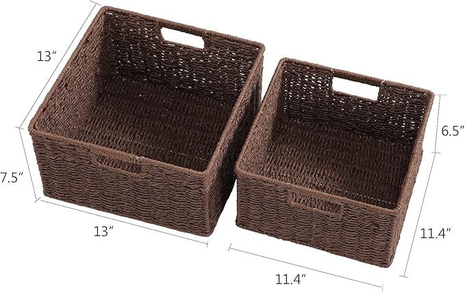 HOONEX Storage Baskets for Organizing, Decorative Round Paper Rope Woven Baskets for Storage with Carrying Handles, Set of 2, Dark Brown