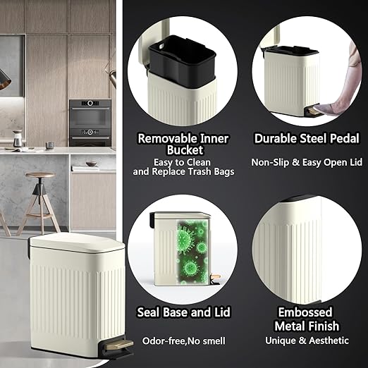 CEROELDA Small Bathroom Trash Can with Lid Soft Close-5L/1.3 Gal Slim Garbage Can-Metal Step Wastebasket-Rectangle Narrow Waste Bin for Office, Bedroom, Toilet, Live Room (Embossed-Beige)
