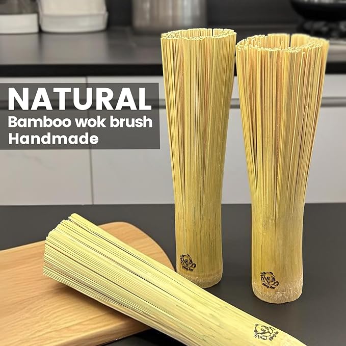 Handmade Bamboo Wok Brushes 2 Pack – 100% Natural, No Metal, Eco-Friendly Scrubbers for Carbon Steel & Cast Iron Woks, Pans, Dishes, Teapots(for Small Pot use)
