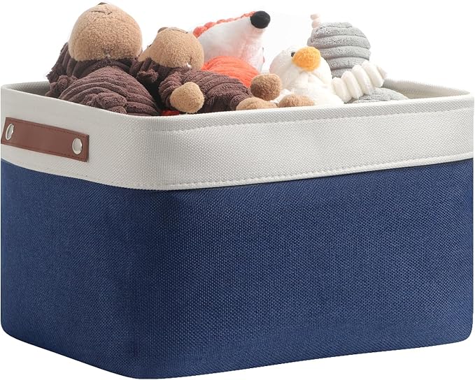 DULLEMELO Fabric Storage Basket for Closets,15x11x9.5 inch Foldable Storage Basket Bin with Handles for Office, Closet,Bedroom (White&Blue,1 Pack)