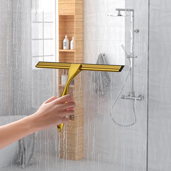 14-Inches Stainless Steel Shower Squeegee Set, Include Shower Door Hook, Adhesive Hook and Spare Silicone Blade, Window Squeegee for Shower Glass Door, Bathroom, Mirror, Window and Car Glass