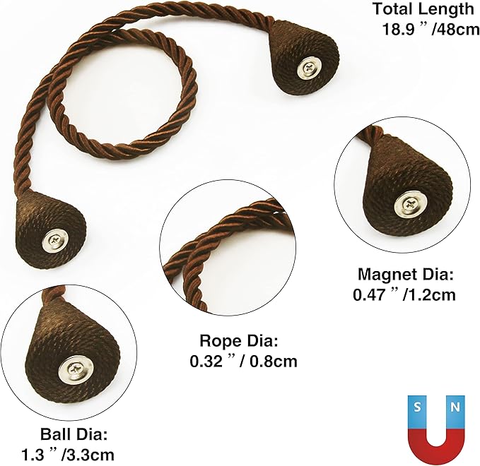 6 Pack Magnetic Curtain Tiebacks Rope Modern Handmade Curtain Tie Backs Decorative Drapes Weave Holdbacks for Window Décor, Coffee