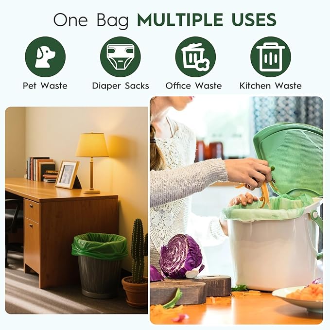Compostable Trash Bags 1.2-1.6 Gallon Handle Tie 50 Count 0.6 Mil 6.06 Liter Small Compost Bags for Countertop Bin Biodegradable Bags Green for Kitchen ASTM D6400 & BPI Certified, OK Compost Home