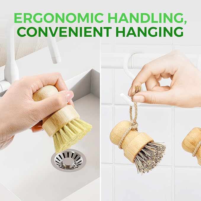 Bamboo Dish Brush Set of 3-100% Plastic Free Kitchen Scrubber with Medium Stiff Sisal and Strong Blend of Coconut Bristles - Non Scratch, Odor Free Wood Scrub for Pots, Pans and Vegetables