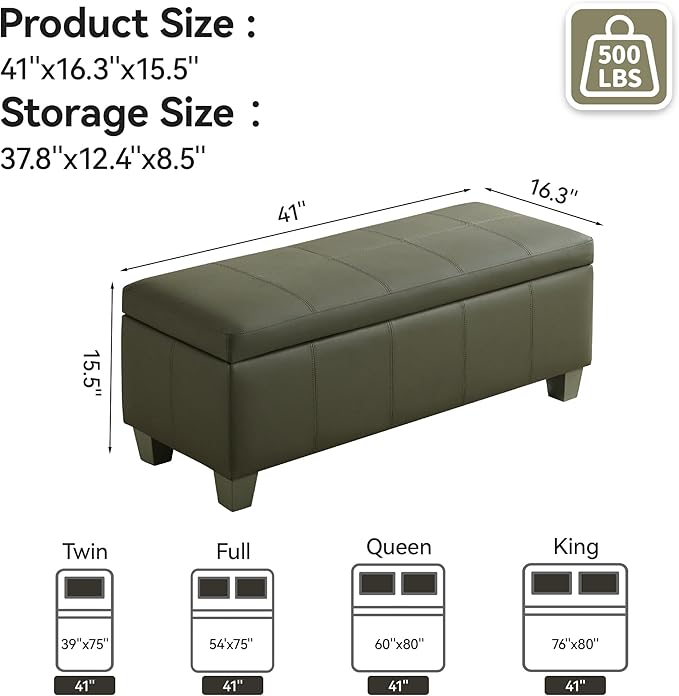 41" Faux Leather Storage Ottoman, Stitch Tufted Rectangle Upholstered End of Bed Storage Bench, Entryway Large Couch Ottoman with Wooden Legs,Green
