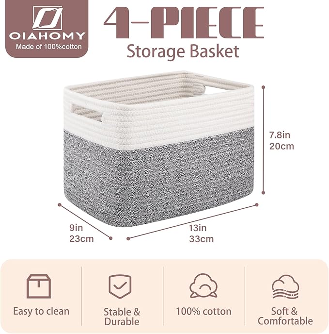 OIAHOMY 4 Pack Storage Baskets for Organizing, Basket for Shelves with Handle, Woven Baskets for Storage Toys, Towels, Books, Cotton Rope Basket 13" L x 9 " W x 7.8 " H, Grey & White