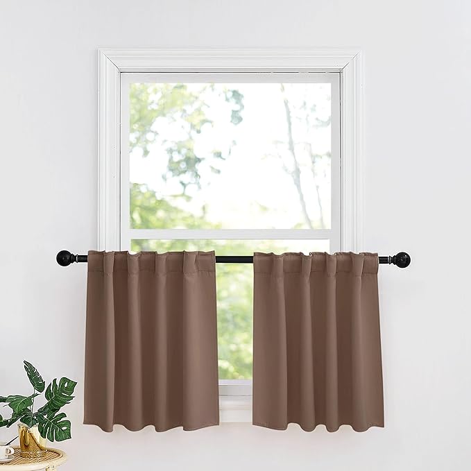 RYB HOME Small Window Curtains - Blackout Insualting Privacy Curtains for Kids Bedroom Kitchen Bathroom Basement Cafe Cabinet Tiers Drapes, 34 Width x 30 Length, 2 Panels, Mocha