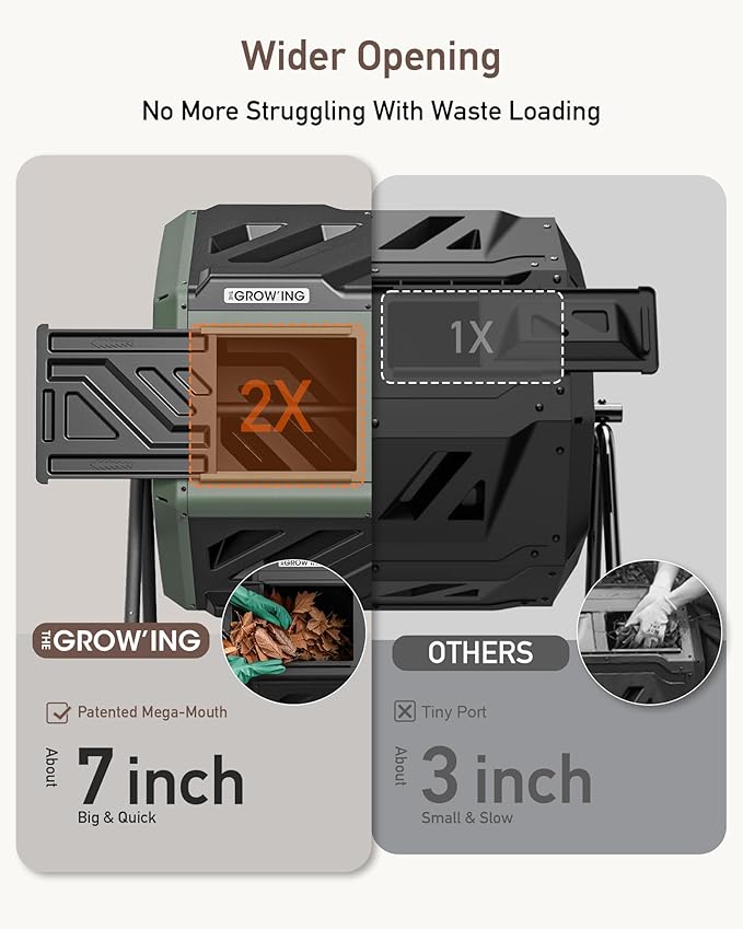 THEGROW'ING Updated 43 Gallon Compost Bin Outdoor, Fast Assemble Tumbling Composter, Dual Chamber Composter Tumbler, Rotating Compost Bin for Outside, Backyard, Garden and Yard, Green