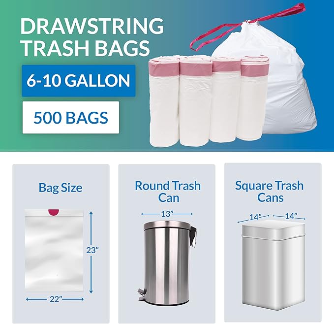 Reli. 6-10 Gallon Trash Bags Drawstring | 500 Count Bulk | 22"x23" | 6, 8, 10 Gallon Drawstring Garbage Bags | White Trash Can Liners | Small - Medium