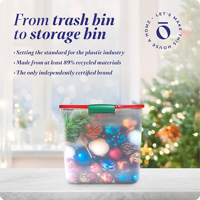 HOMZ 4-Pack Holiday Tote, Plastic Storage Organizer Bins with Lids, 31 Quart, Clear/Red - Stackable Organizing Containers for Home, Garage, and Office
