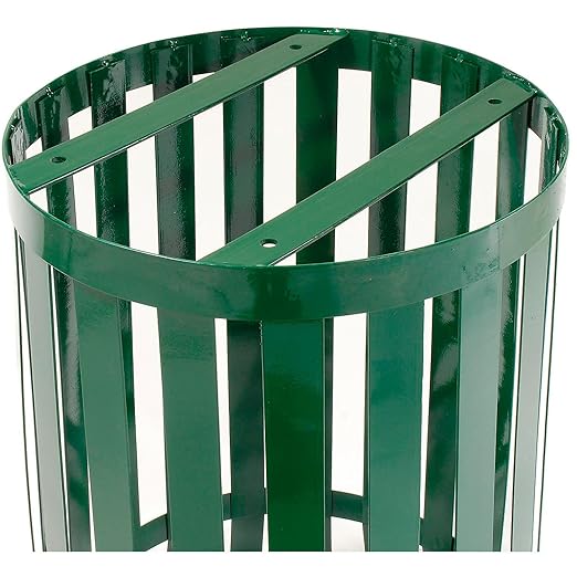 Global Industrial 36 Gallon Outdoor Slatted Steel Round Trash Can with Flat Lid, Plastic Liner & Anchor Kit Included, 28" W x 36" H, Commercial & Industrial Trash Can, Green