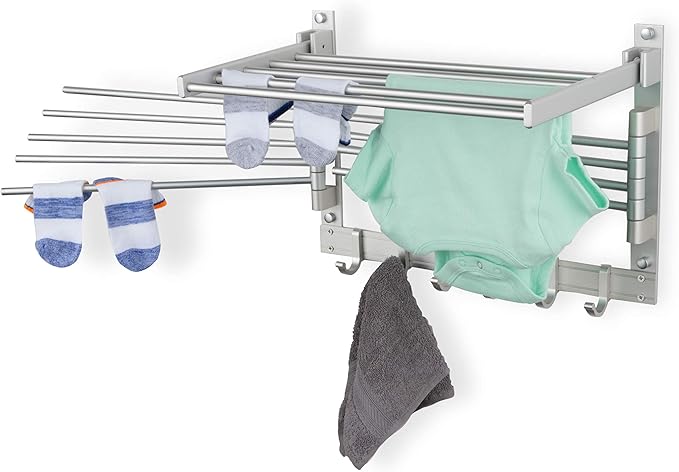 brightmaison BGT Wash Clothes Drying Rack Wall Mount Laundry Room Organizer with Hooks & Swing Arms, 17" Metal Laundry Rack Silver