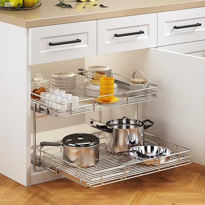 2 Tier Individual Pull Out Cabinet Organizer 27" W x 21½" D, Heavy Duty Cabinet Pull Out Shelves, Slide Out Drawers Organization for Kitchen Cabinets Bathroom