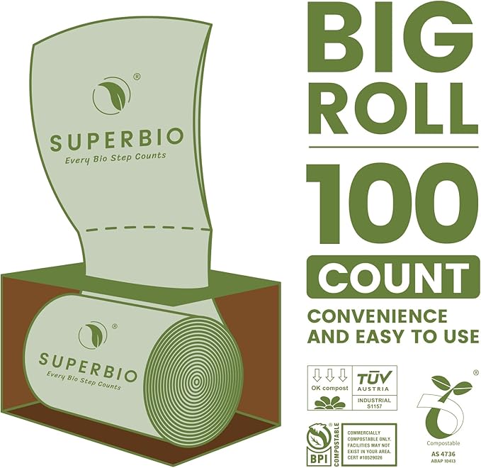 SUPERBIO 2.6 Gallon Compostable Food Waste Bags, 100 Count, 1 Pack, Flat Top Food Scrap Bags， ASTM D6400，Certified by BPI and OK compost INDUSTRIAL,9.84L
