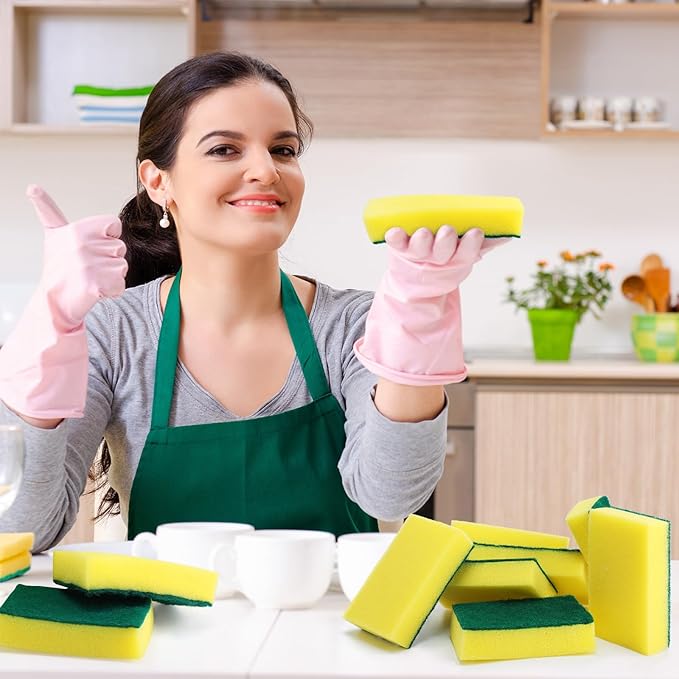 Tanlade 60 Pcs Individually Wrapped Sponge Dishwashing Sponge Bulk Non Scratch Scrub Sponges Kitchen Scouring Pad for Household Cleaning Rental Dishes Hotel Apartment Car (Yellow,Green)