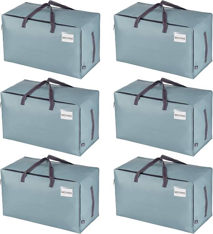VENO 6 Pack Moving and Storage Bags, Heavy Duty, Alternative to Moving Boxes, Large Packing Totes Supplies for College Dorm Room with Zipper for Clothes, Wide Open Design (Light Blue Matte, 6 Pack)