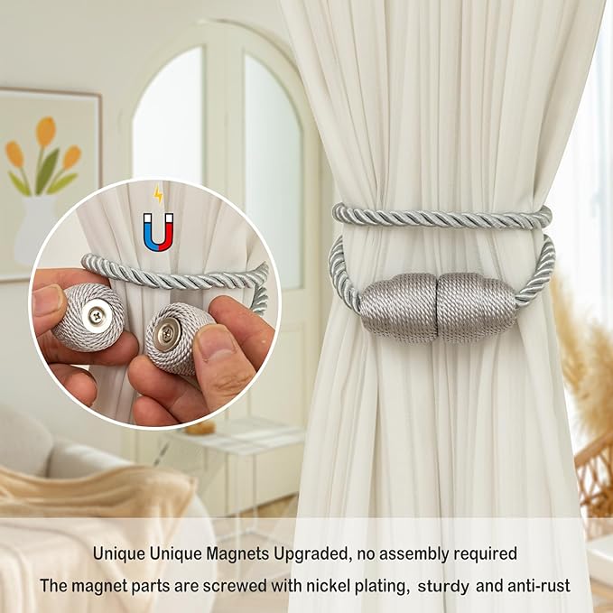 Magnetic Curtain Tiebacks Rope Curtain Tie Backs for Curtains 4 Pack Curtain Holders for Drapes Decorative Window Curtain Holdbacks, Grey