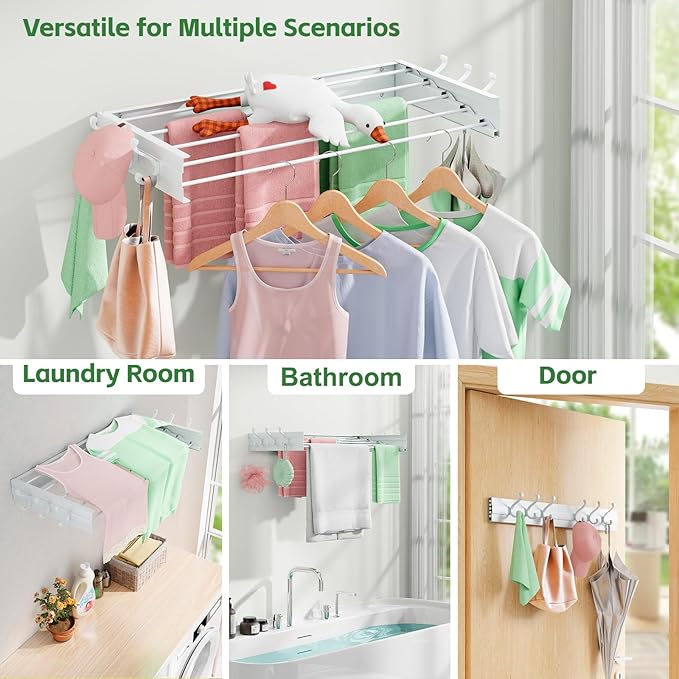 Wall Mounted Drying Rack 31.5", Foldable Clothes Drying Rack with 6 Towel Hooks and 5 Rods for Hanging Clothes, Space Saving Laundry Rack for Indoor Outdoor Bathroom Balcony Laundry Room(31.5")