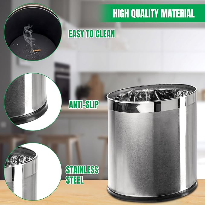'Invisi-Overlap' Open Top Stainless Steel Trash Can, Small Office Wastebasket, Modern Home Décor, Oval Shape
