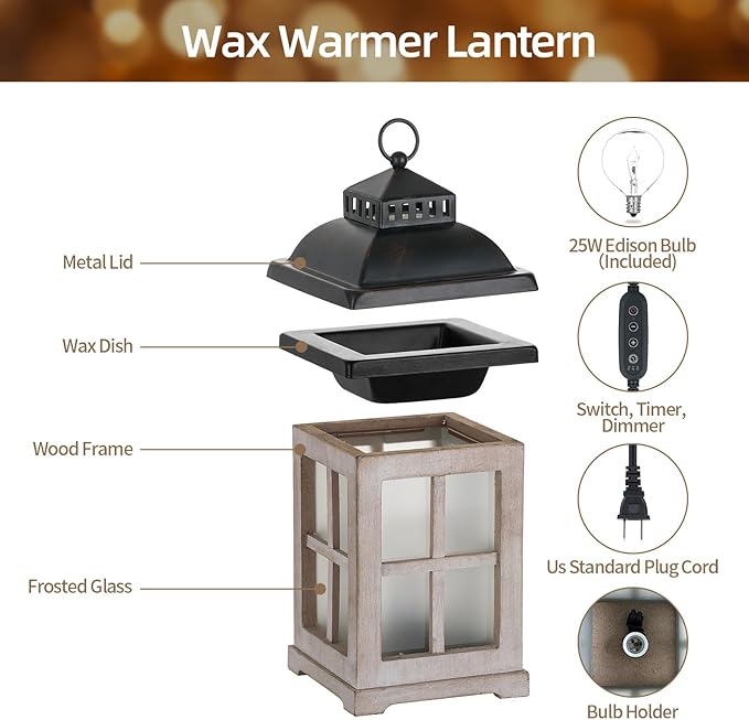 Wax Melt Warmer with Timer: Farmhouse Lantern Candle Warmer Electric Tart Burner with Lid for Scented Wax