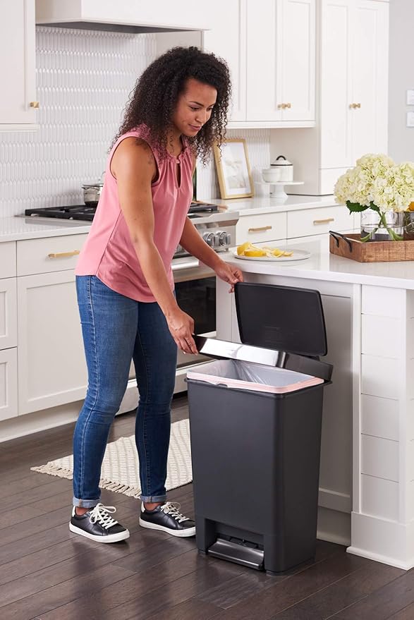 Rubbermaid Premier Series III Step-On Trash Can for Home and Kitchen, with Stainless Steel Rim, 12.4 Gallon, Charcoal, for Home/Kitchen/Garage/Apartment/Office