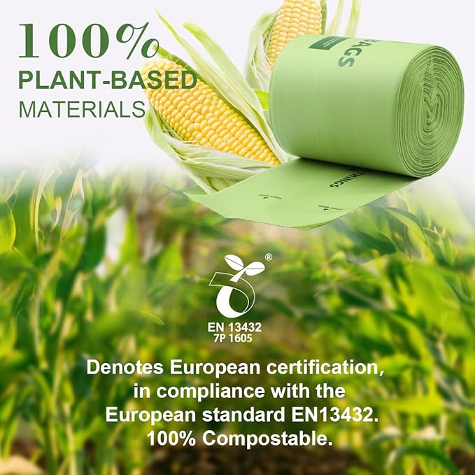 100% Compostable Trash Bags, 13 Gallon, 49.2 Liter, 0.91 Mils, 65 Count Kitchen Tall Food Scrap Compost Bags for Tall Kitchen Trash Cans with Europe EN13432 Certified