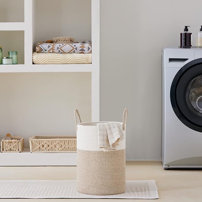 VIPOSCO Tall Laundry Hamper, Woven Rope Storage Basket for Blanket, Toys, Dirty Clothes in Living Room, Bathroom, Bedroom - 30L White & Brown