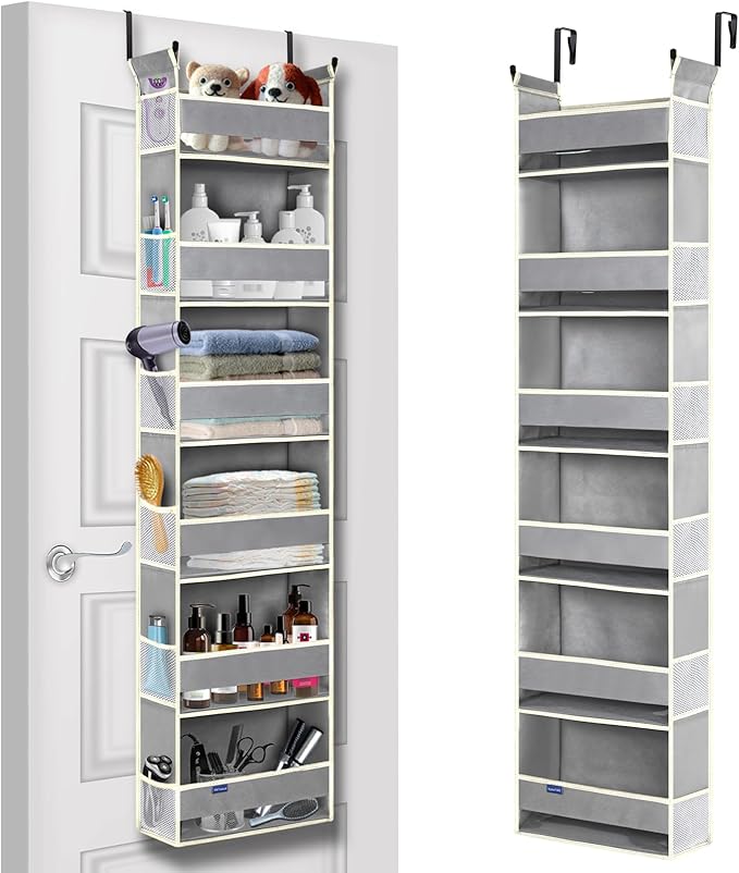 Over The Door Organizer 6-Shelves and 12 Side Pockets, Over The Door Storage for Bathroom Bedroom Nursery, Hanging Door Organizers for Baby Diapers and Kids Toys (13"x5"x54", Grey)