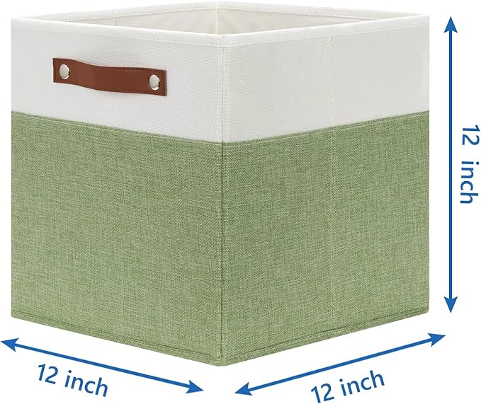 Temary 12 Inch Fabric Storage Cubes Storage Bins with Leather Handles, 4 Pack Cube Baskets Bins for Organizing Closet, Foldable Cloth Baskets for Shelves (White&Green)