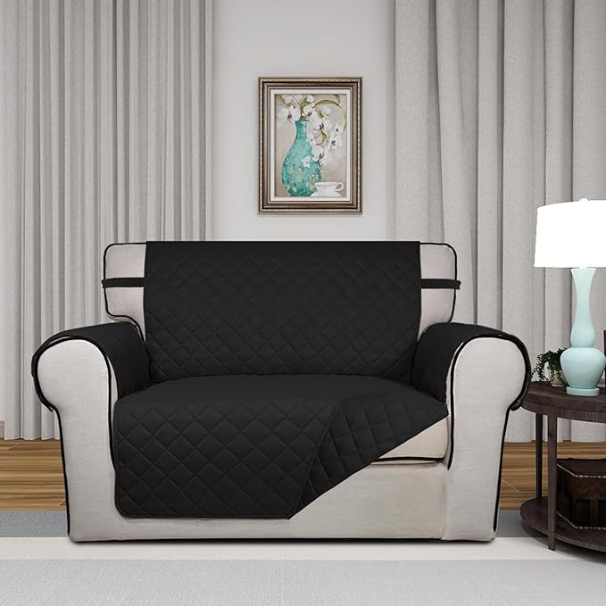 PureFit Reversible Quilted Sofa Cover, Water Resistant Slipcover Furniture Protector, Washable Couch Cover with Non Slip and Elastic Straps for Kids, Dogs, Pets (Oversized Chair, Black/Black)