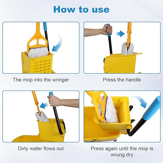 35 Qt Commercial Mop Bucket with Side Press Wringer on Wheels and Mops Set for Floor Cleaning, Industrial Mop and Bucket Set for Home, Restaurant, Shopping Mall,Yellow