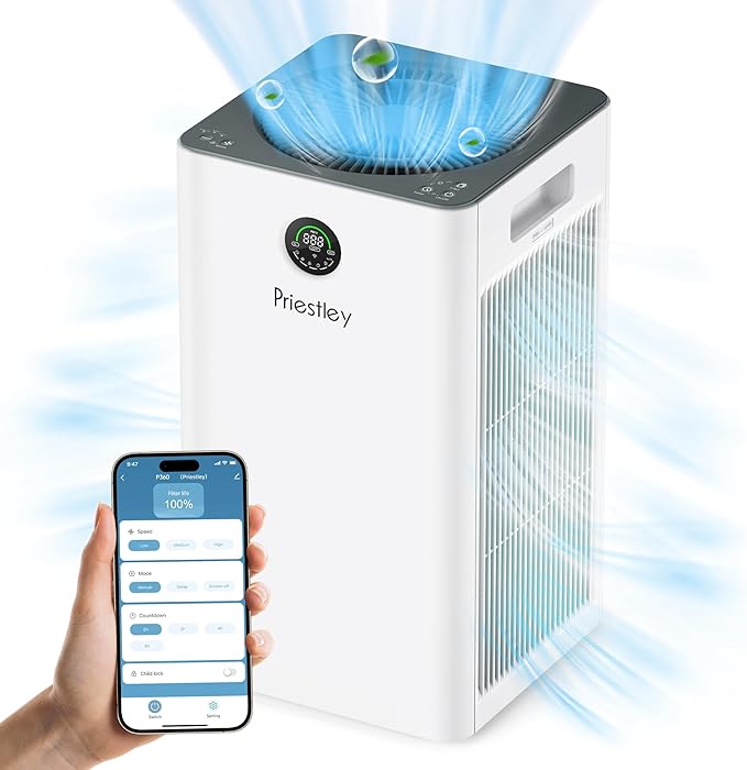 Priestley Air Purifiers for Home Large Room up to 1500 sq ft, Smart Control Air Purifier, True HEPA Filter Air Cleaner Removes 99.97% of Particles, Dust, Allergies Pets Odor, 22dB Quiet Sleep Mode