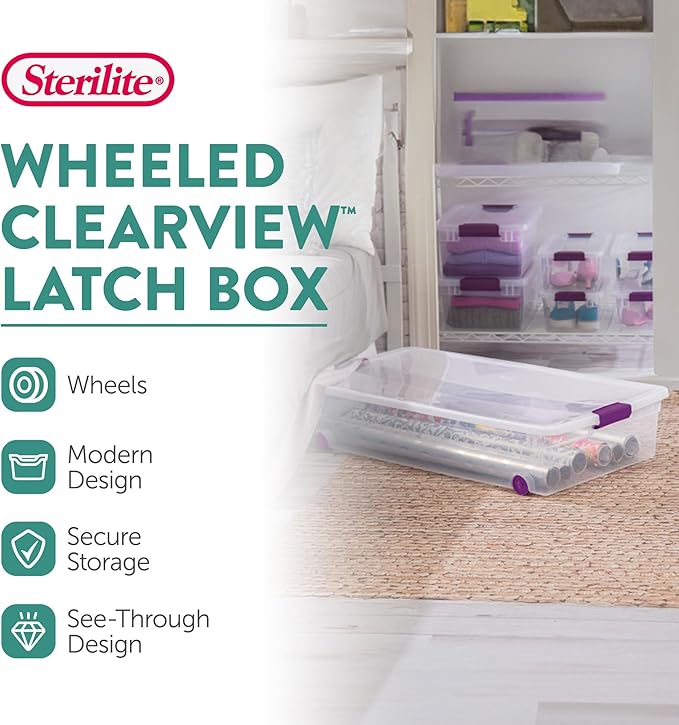 Sterilite 8-Pack 60 Quart ClearView Latch Box, Wheeled Underbed Organizer Bins with Latching Lids - Clear Plastic Organization Containers for Closet, Bedroom, Shelving Units and Everyday Home Storage